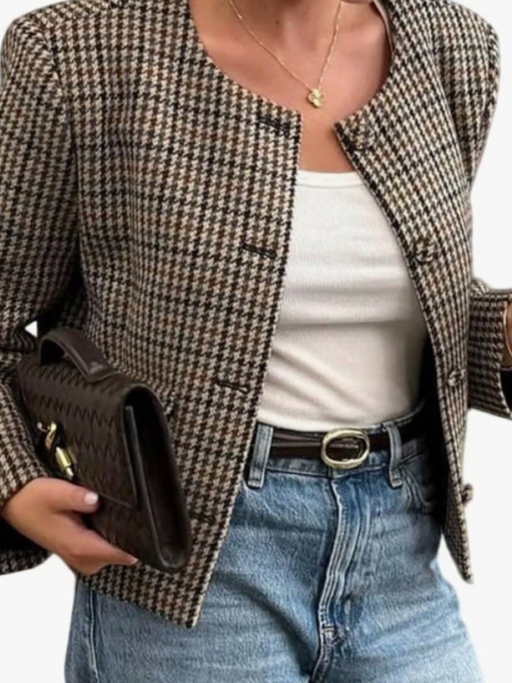Classic Houndstooth Collarless Jacket - Brown